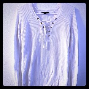 White lace up sweater